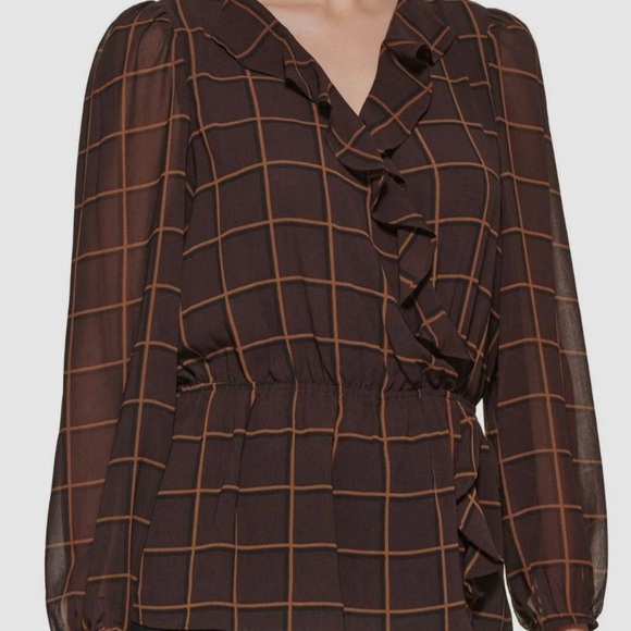 Calvin Klein Tops - Calvin Klein Woman's Brown Printed Faux Wrap Top Blouse
